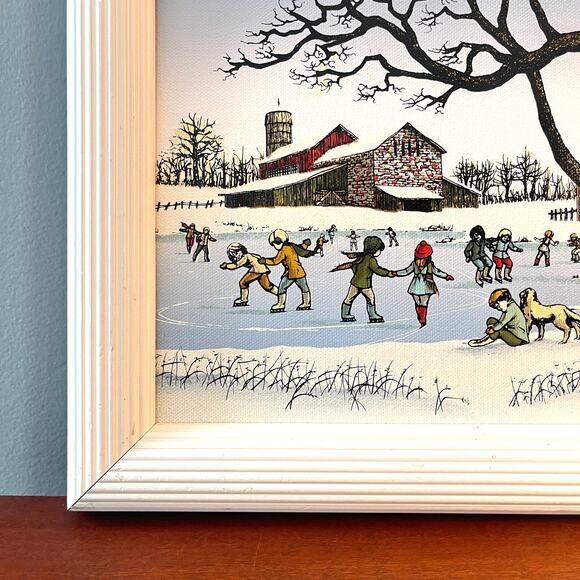 H. Hargrove The Ice Skating Pond Country Scene Framed Oil Painting Canvas Signed - Picture 3 of 15